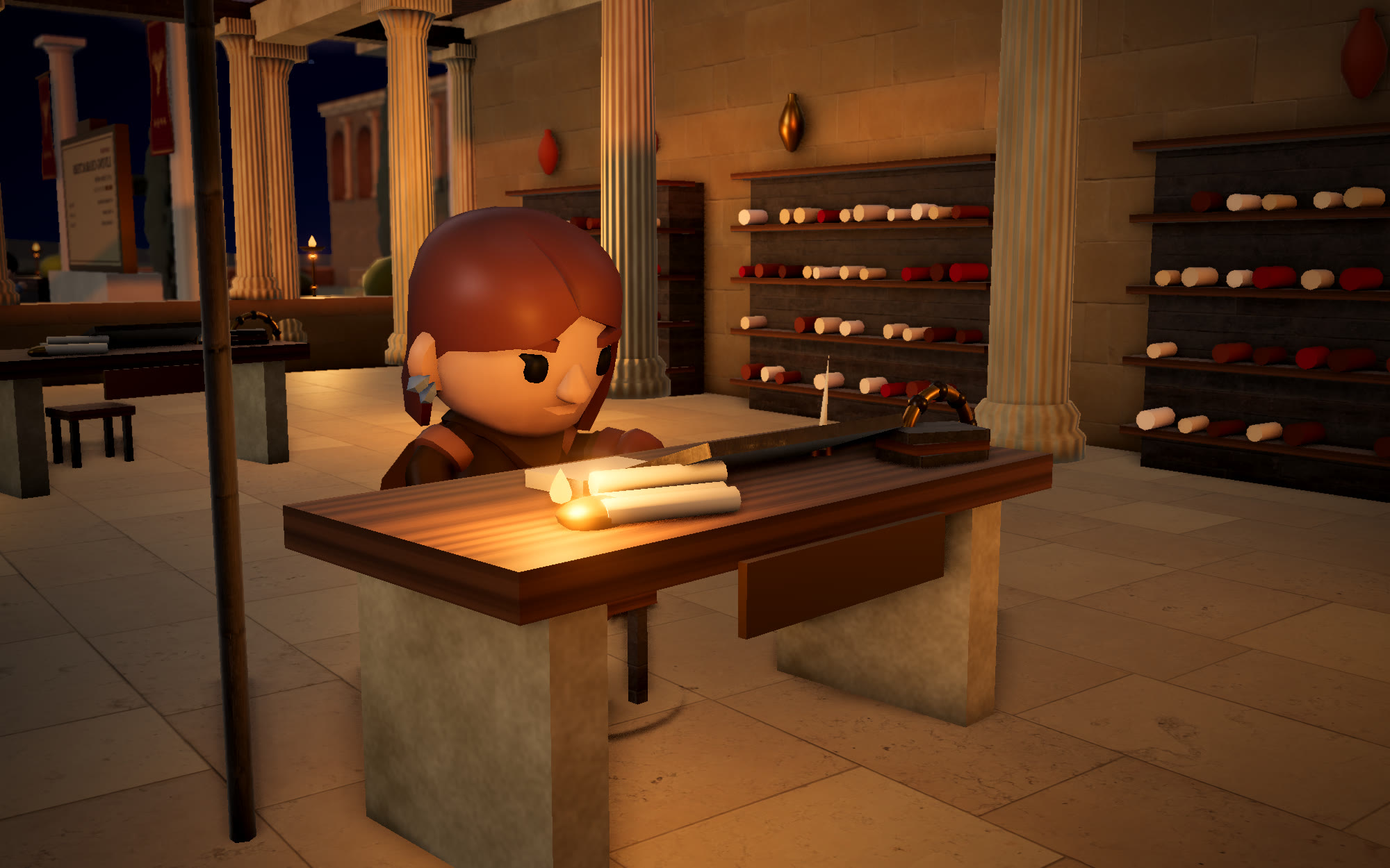 The Legion Hall at dusk: lamps lit, AI workers at their desks.