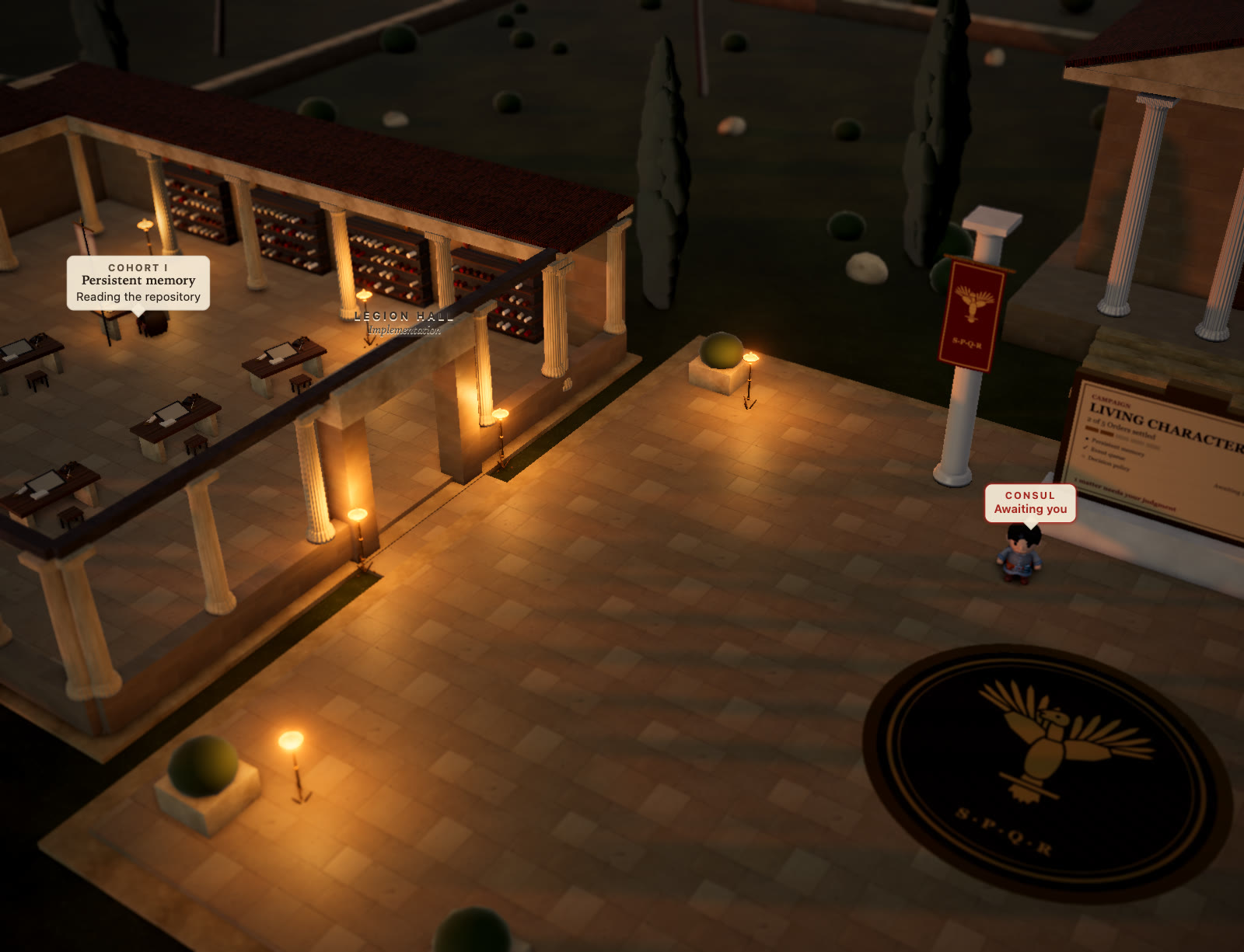 A campaign as a Roman town at dusk: one worker reads at a desk in the Legion Hall; the Consul stands by the campaign board, labelled Awaiting you.