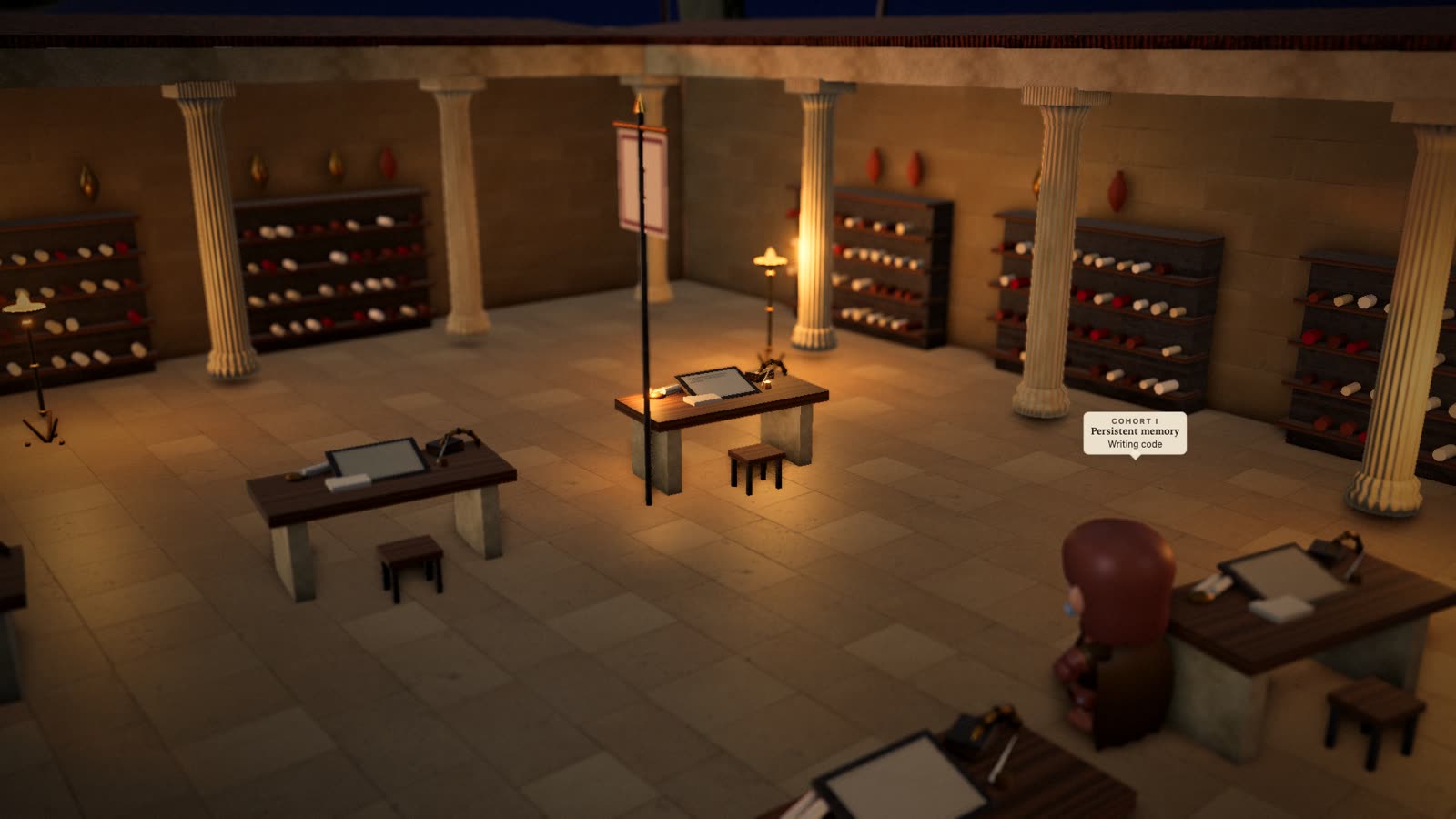 A worker walks to a desk in the Legion Hall to start an Order.
