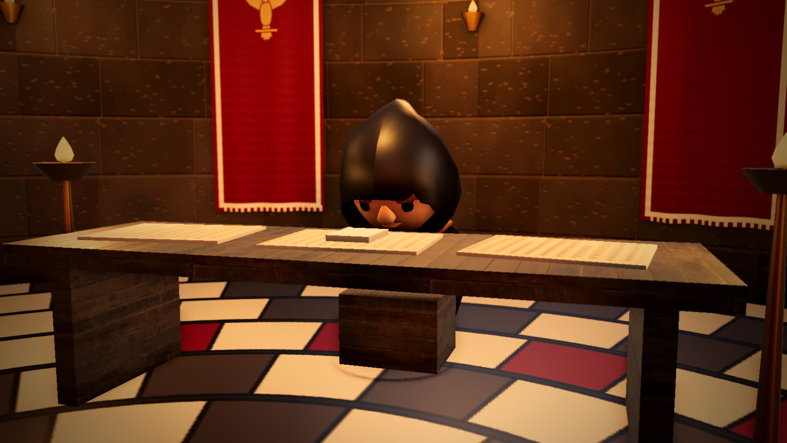 The Censor reads a submitted tablet at a long table in a lamplit chamber.
